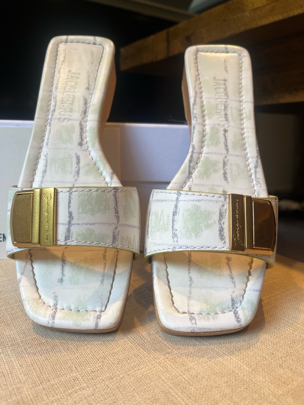 Jacquemus White and Light Green Check Square-Toe Slide Mules with Gold Buckle